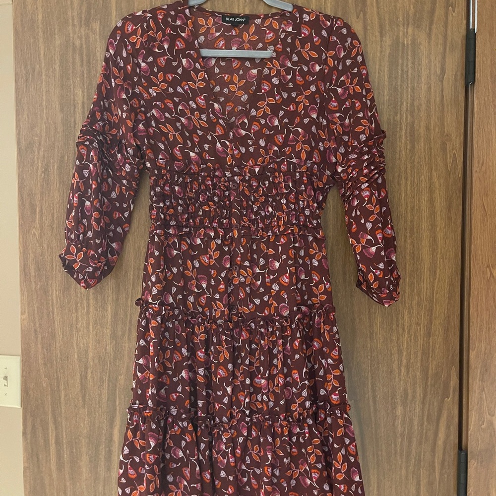 Dear John Burgundy Leaf Print Long Sleeve Dress
